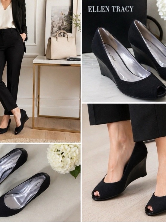 Ellen Tracy Shoes - Ellen Tracy Wedge Pumps Womens 8.5 Black Peep Toe Stretch Fabric Career Shoes